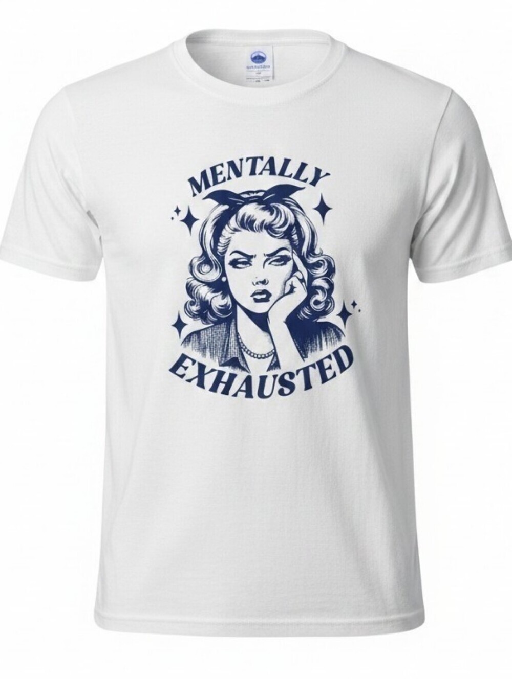 Graphic Tee Women's "Mentally Exhausted" White/blue, Size M, New Without Tags